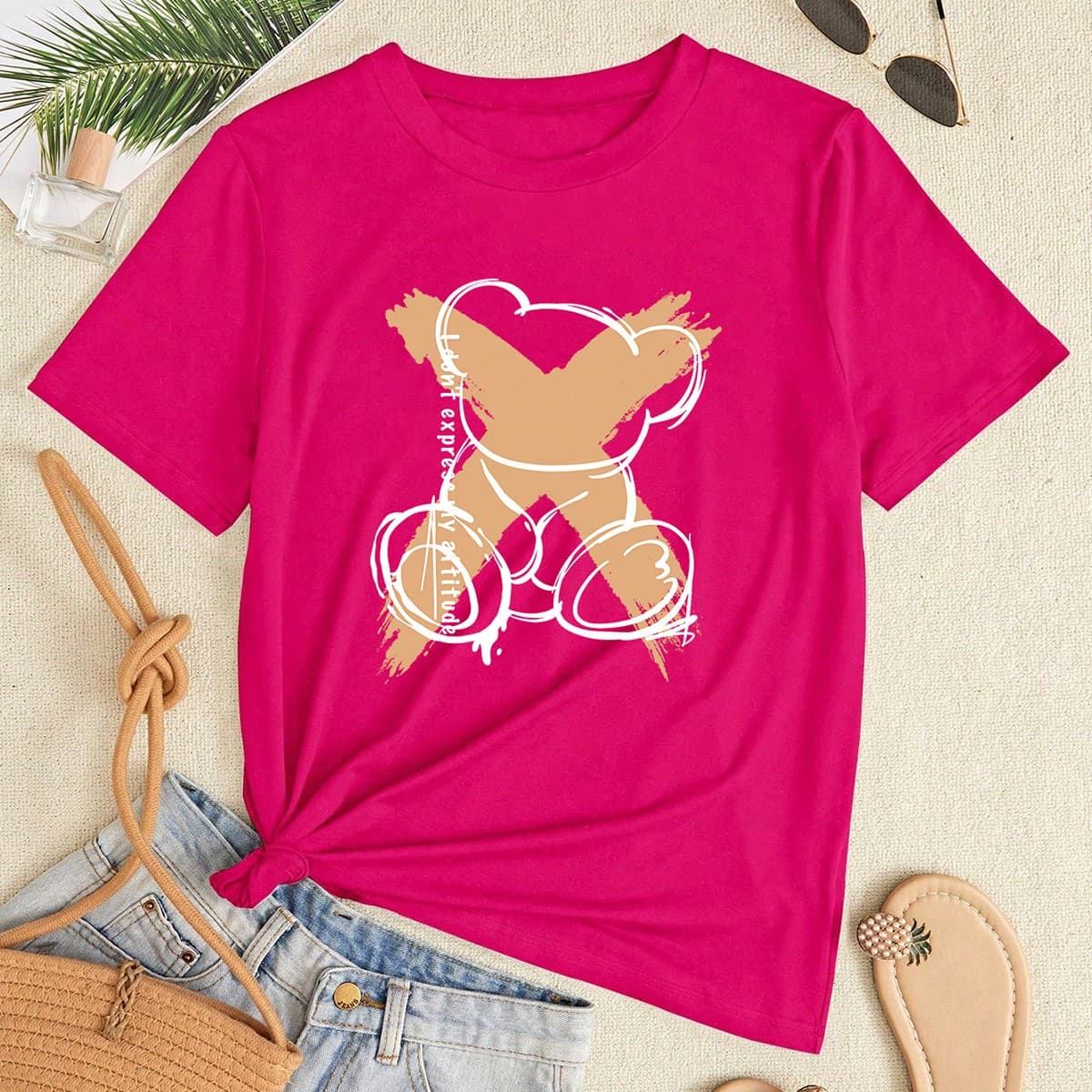 T-shirt Ã manches courtes slim fit avec slogan imprimÃ© en carton pour femmes avec le titre 'I Don't Express My Attitude'