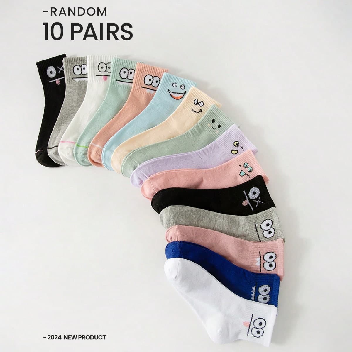 10 paires de chaussettes mi-mollet pour femmes avec motifs d'expressions mignonnes et col rond simple, adaptées pour un usage quotidien par les